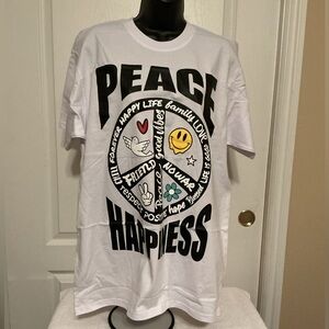 Men/Women White Graphic Tee with Peace and Happiness Design Size Large
